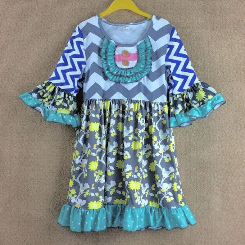 Boutique Floral Chevron 3/4 Sleeve Ruffle Dress